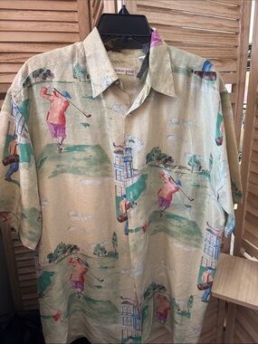 Burma Bibas Silk Golf Print Button-Up Shirt - Neutral Green Medium